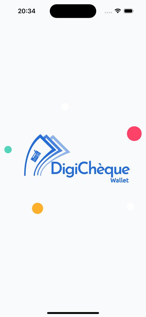 Écran de démarrage DigiChèque Wallet - Interface moderne avec logo et design épuré
